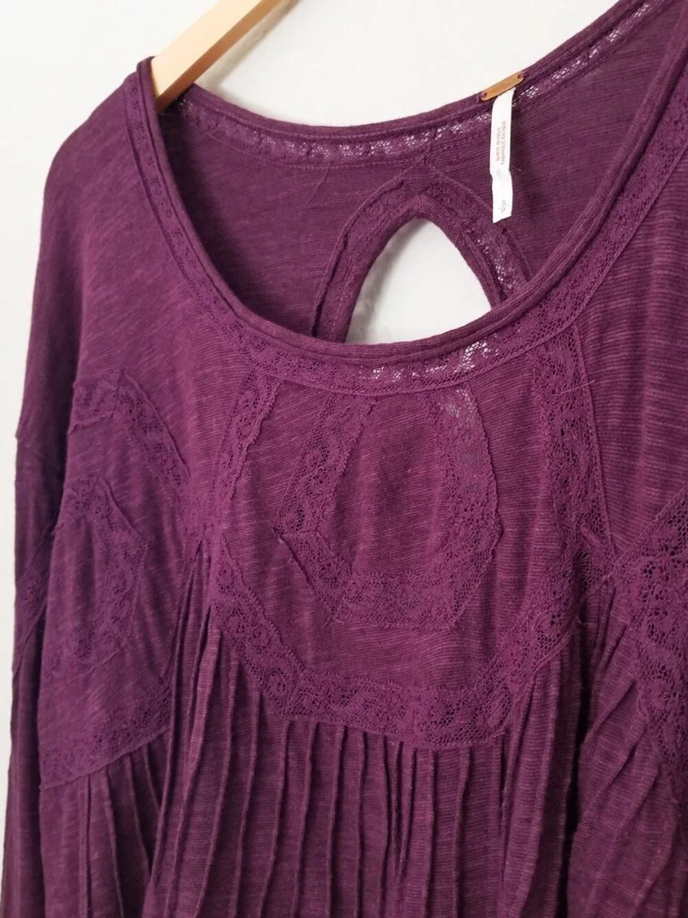 Free People New Hope Babydoll Long Sleeves Top S Eggplant Cutout Peasant Boho